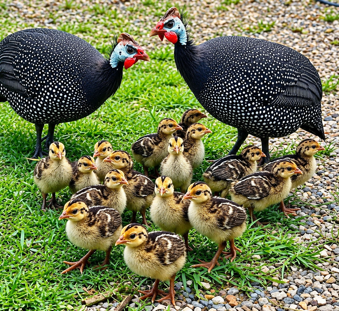 Mature Kanga guinea fowl with young birds
